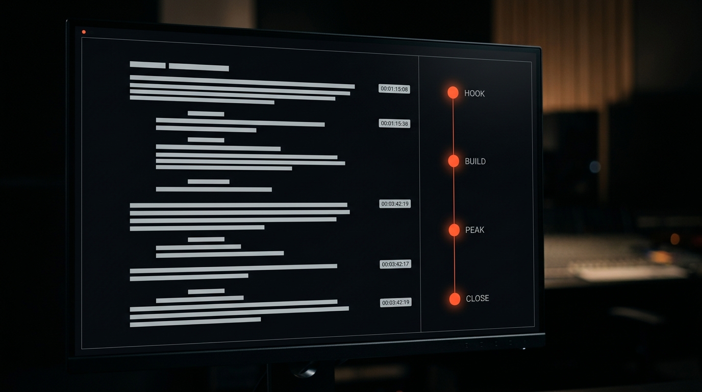 Script editor with beat timeline marking hook, build, peak and close on a dark studio monitor