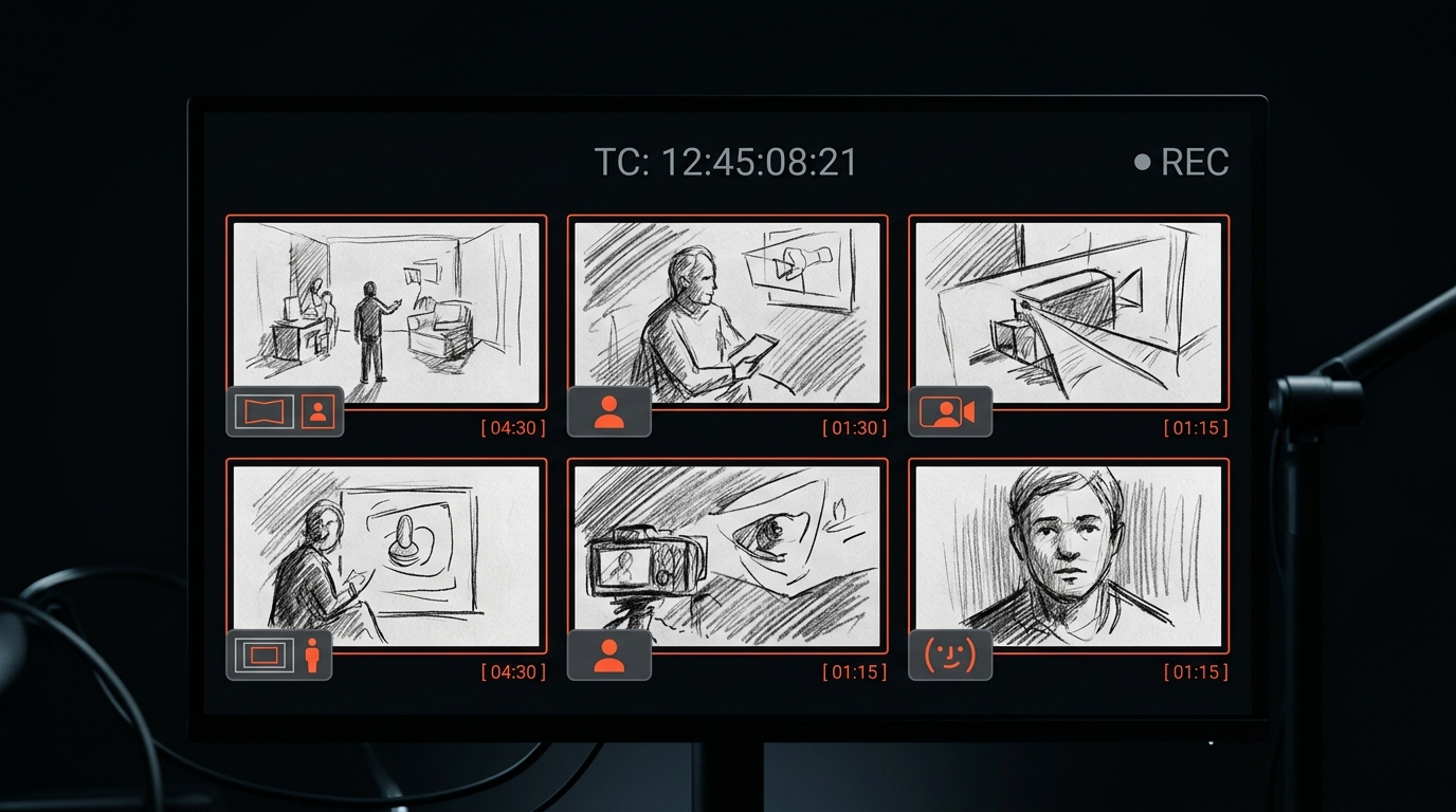 Storyboard grid of six sketch panels with framing tags on a monitor